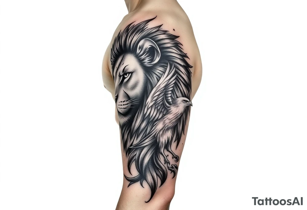 Lion face-on, phoenix face-on rising from ashes to night sky and subtle Leo zodiac tattoo idea
