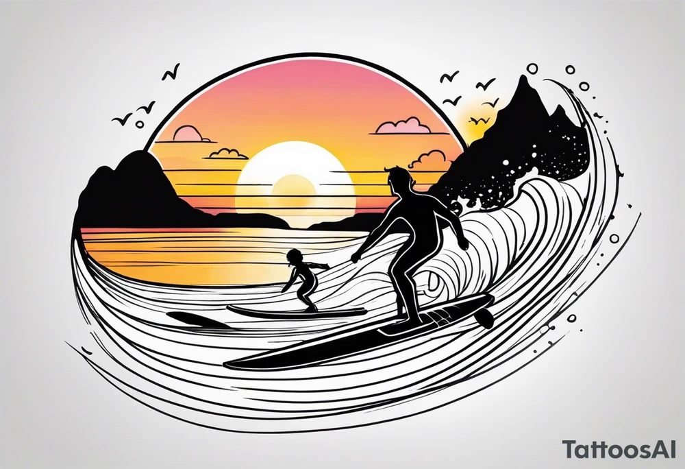 Black and white Line work tattoo depicting a father surfing in the sunset, and sharing his surfboard with his two daughters.  The sunset and horizon have musical notes. tattoo idea