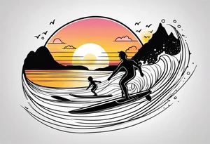 Black and white Line work tattoo depicting a father surfing in the sunset, and sharing his surfboard with his two daughters.  The sunset and horizon have musical notes. tattoo idea