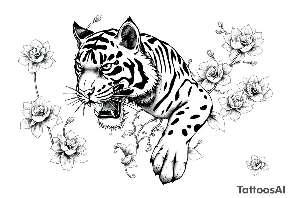 fierce tiger emerging through blooming lotus forrest in mist tattoo idea