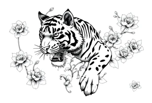 fierce tiger emerging through blooming lotus forrest in mist tattoo idea