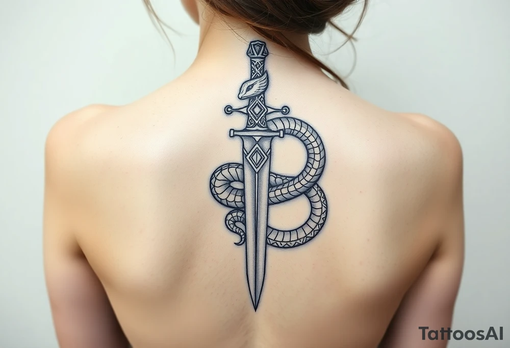 mystical snake coiled around an ancient dagger with jeweled hilt tattoo idea