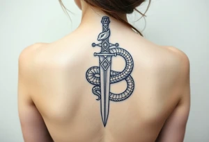 mystical snake coiled around an ancient dagger with jeweled hilt tattoo idea