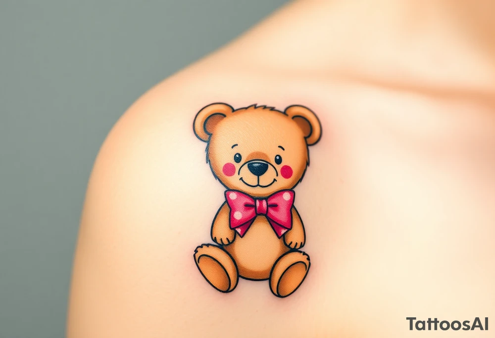 realistic tan teddy bear with a pink bow around its neck tattoo idea