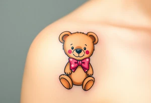 realistic tan teddy bear with a pink bow around its neck tattoo idea