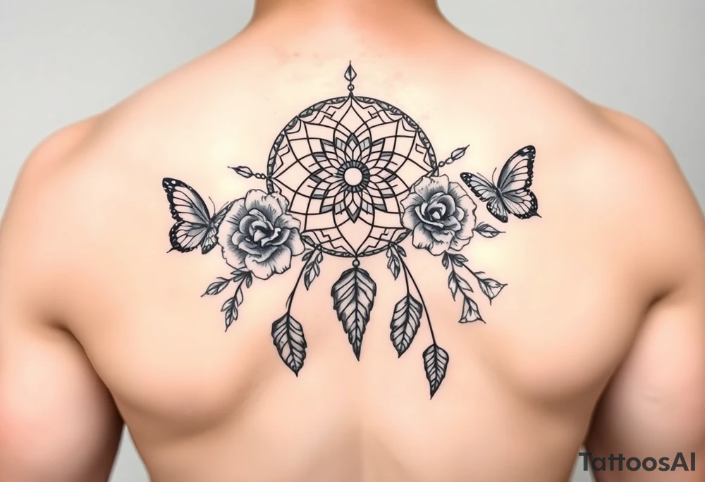 Beautiful Dreamcatcher roses and butterflies tattoo idea