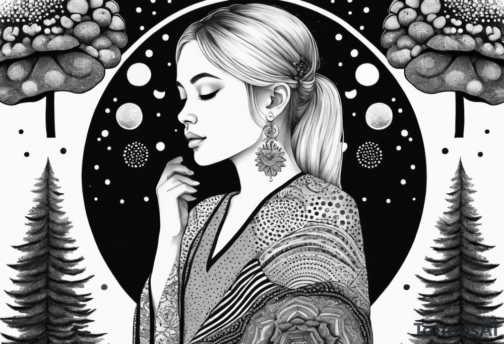 Straight blonde hair girl meditating facing away toward mountains surrounded by mushrooms crescent moon mandala circular design black and white striped dress tattoo idea