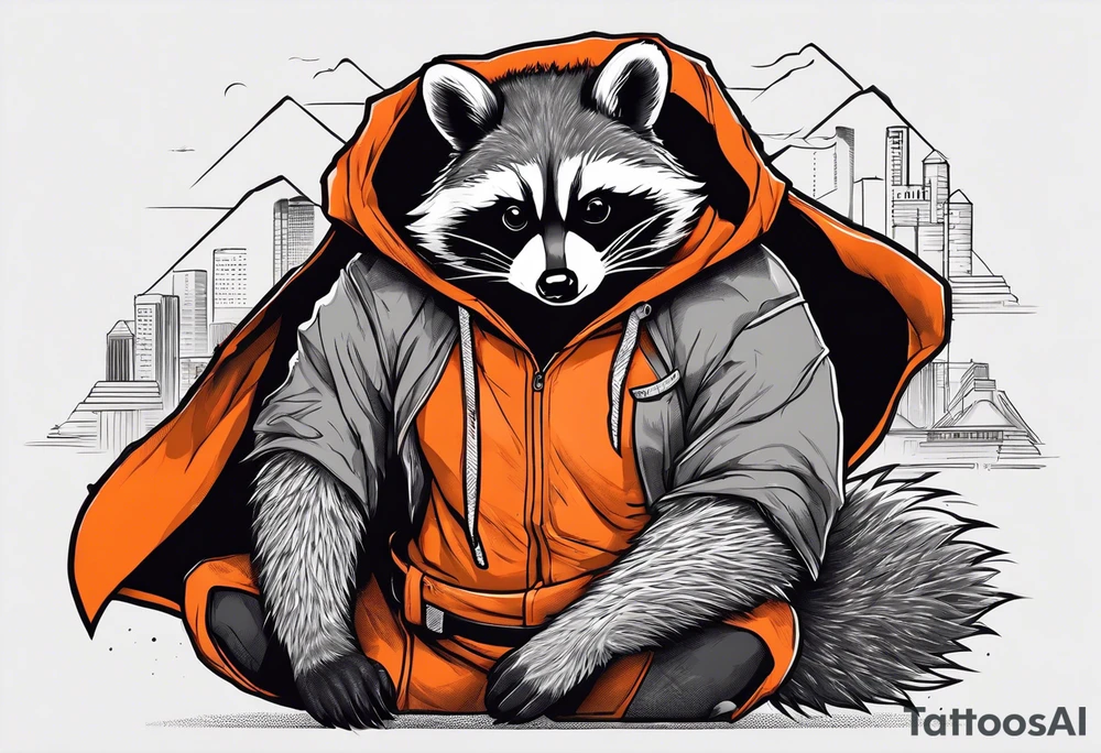 Raccoon wearing an orange Superman hoodie tattoo idea