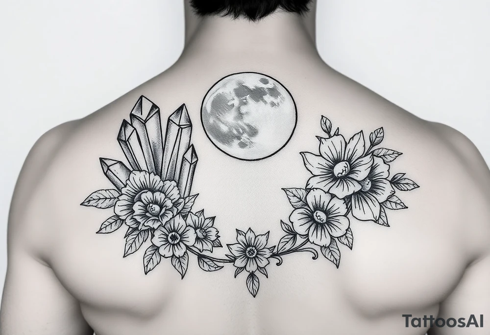 crystals and the moon and flowers tattoo idea