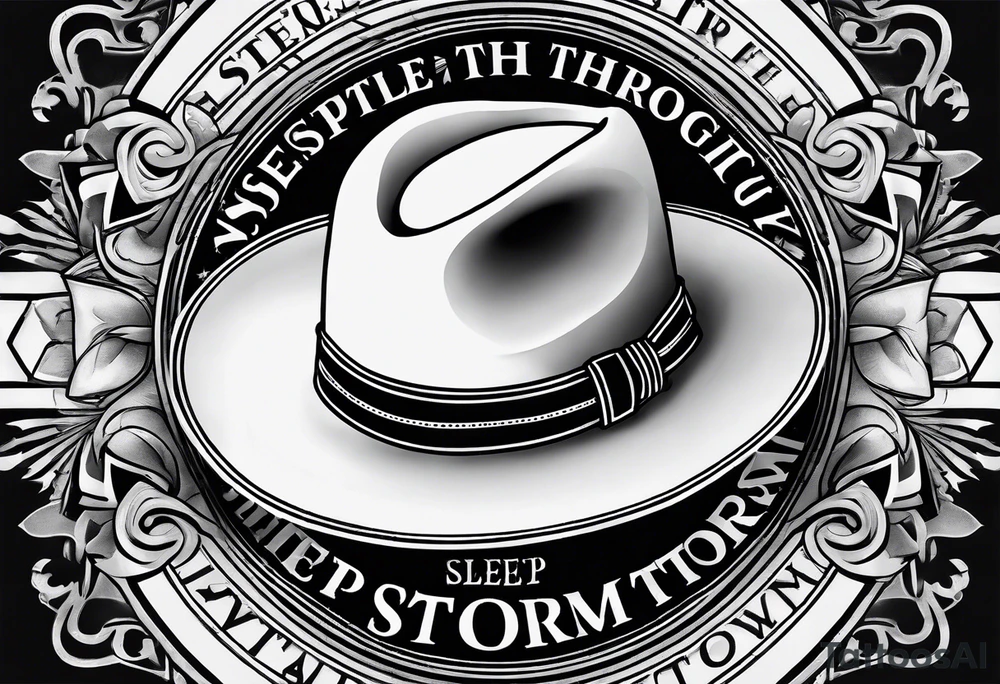 Ruggred cross with a cowboy hat that says sleep through the storm tattoo idea