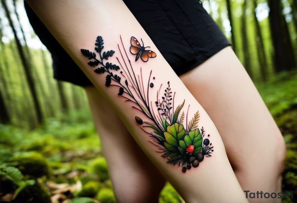minimalistic forest floor inspired tattoo, which includes grass, moss, curly ferns and dead leaves as the bulk of the tattoo. details to include: forest berries, couple of very small brown mushrooms, a tiny bumblebee flying nearby tattoo idea