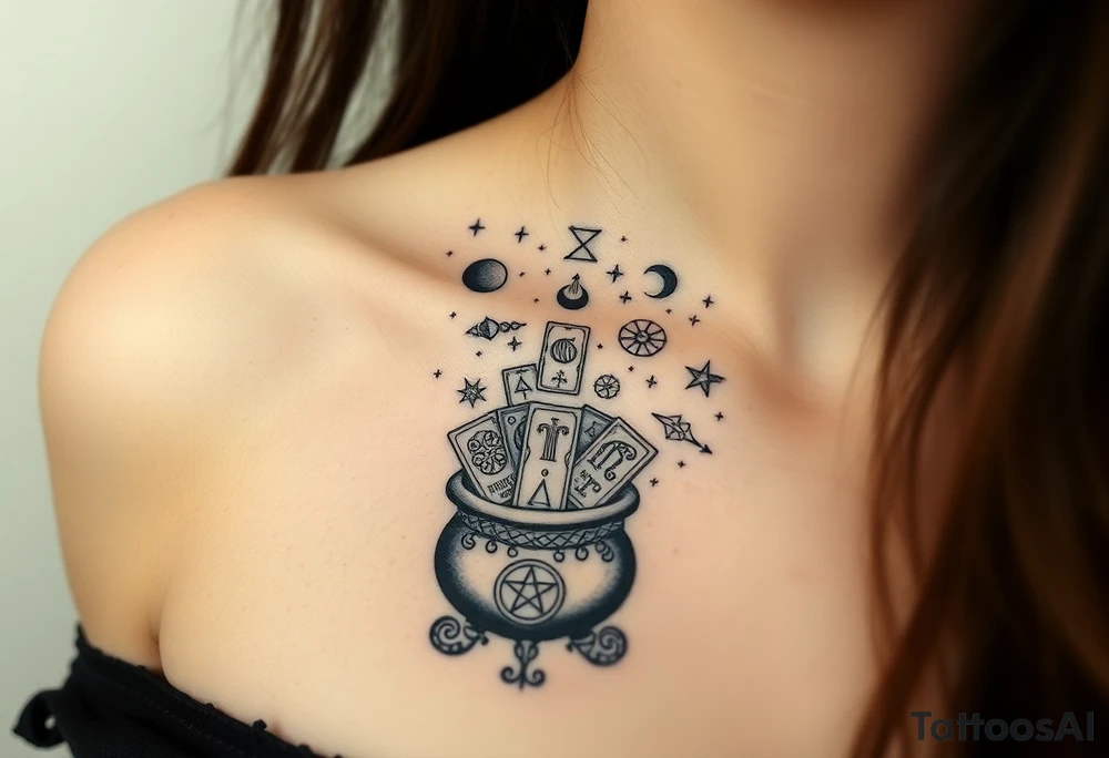 Milky way galaxy filled with zodiac symbols runes tarot cards coming out of a cauldron tattoo idea