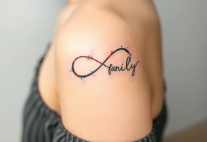 A flowing infinity symbol intertwined with the word "family" written in elegant cursive tattoo idea