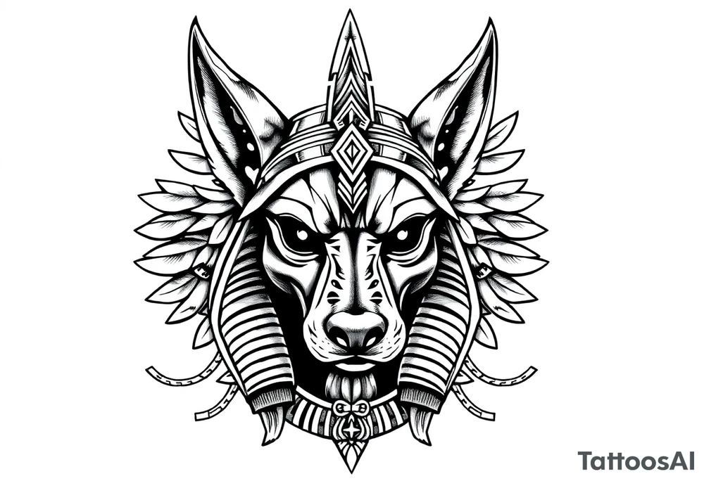 Egyptian Anubis god face muscle in Egypt style  with mantle on head with empty eyes 

dog face surrounded Egyptian symbols based on elements tattoo idea