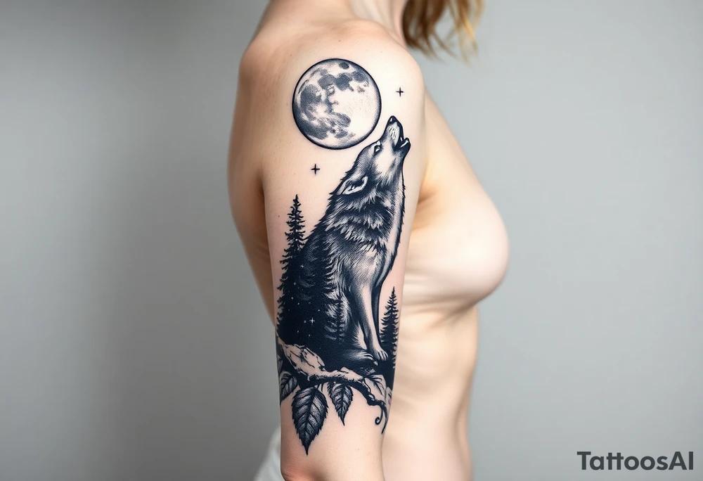 Lone wolf howling at the moon in the forest in the night Columba star tattoo idea