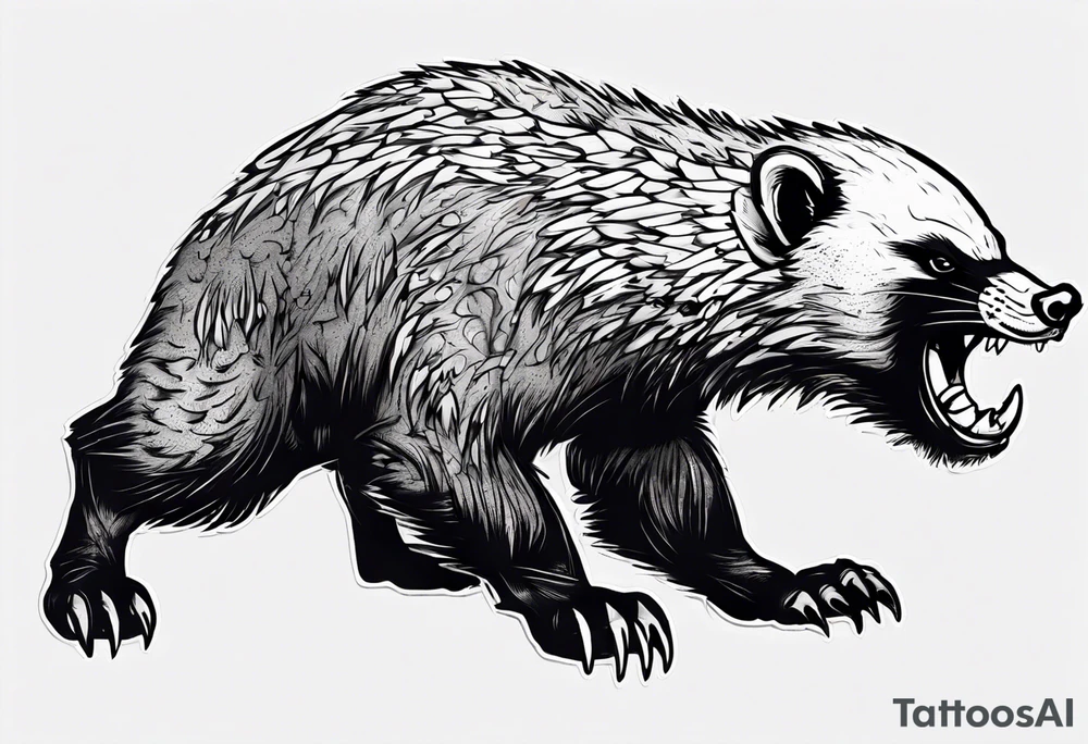 An angry, snarling, detailed honey badger painted on the entire back tattoo idea