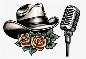 old school broadcast microphone with a cowboy hat on top of it. tattoo idea