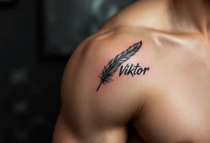 Feather quill writing name Viktor – 7.5.2020 v 6:06 in classic black and silver shading. tattoo idea