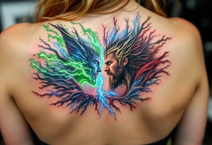 Chris Hemsworth’s Thor epic battle against Hela, green energy clashing with his blue lightning, in a cinematic full-color piece. tattoo idea