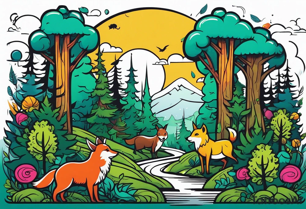 Forest with a lot of trees and animals walking tattoo idea