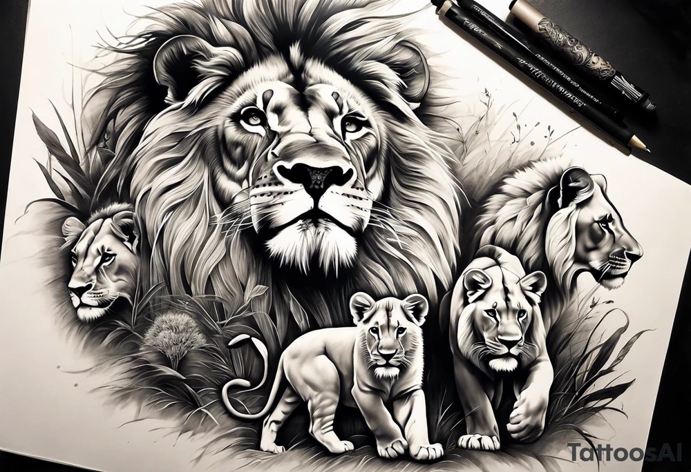 Full sleeve tattoo depicting a large lion protecting his lioness and 6 lion cubs. Background should depict a safari scene tattoo idea