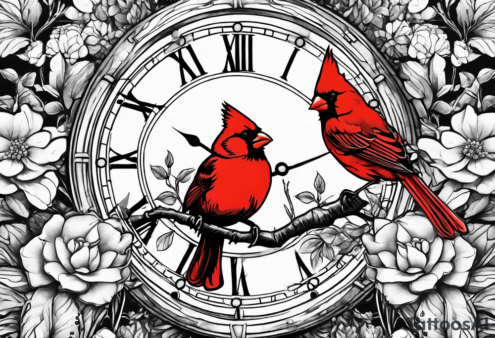 Trees, flowers, clock, red cardinal, representing growth from grief tattoo idea