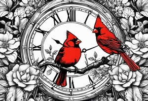 Trees, flowers, clock, red cardinal, representing growth from grief tattoo idea