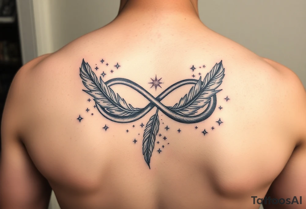 infinity symbol woven with floating feathers and stardust tattoo idea