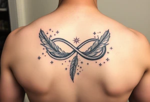 infinity symbol woven with floating feathers and stardust tattoo idea