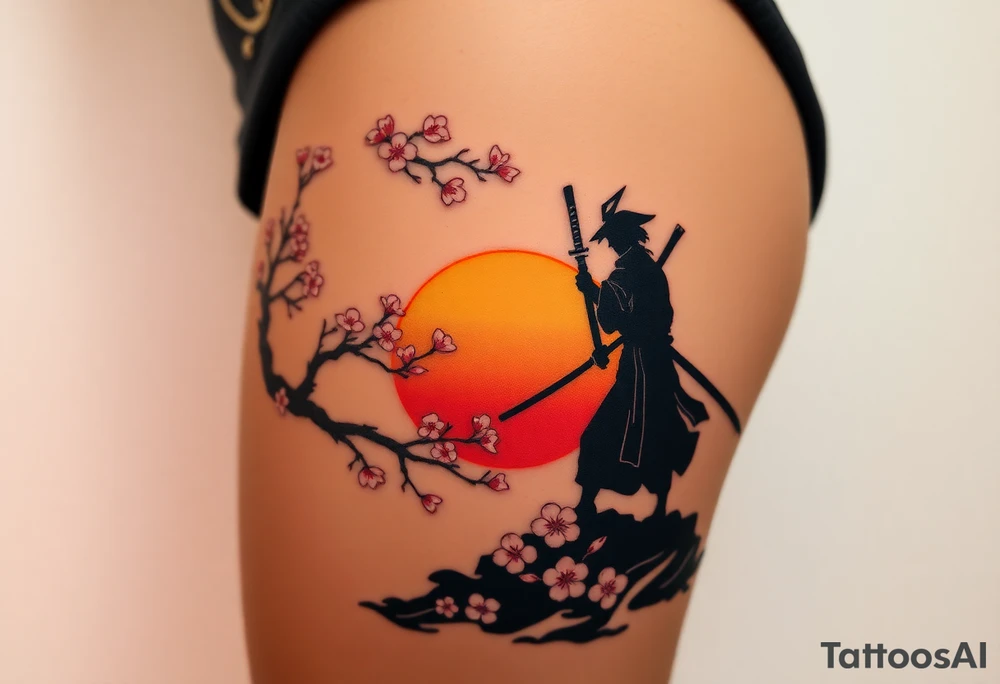 noble samurai warrior silhouette at sunset with cherry blossoms tattoo idea