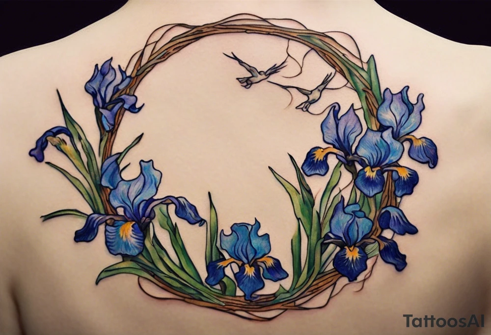 Create a small Vincent van Gogh Irises tattoo. The tattoo should take the form of a crescent, with vines gracefully intertwining at a central point in the middle of the wreath with a bird. The intended placement is on the upper chest. The overall design should be small in size while maintaining a delicate and artistic aesthetic. Pay attention to the graceful flow of the vines and the placement of the irises to achieve a refined and elegant look. tattoo idea