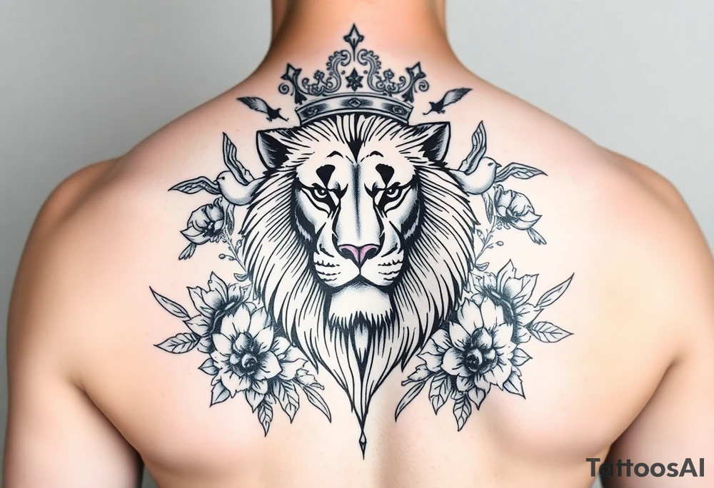 powerful majestic lion with a crown, surrounded by floral ornaments and birds tattoo idea