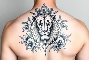 powerful majestic lion with a crown, surrounded by floral ornaments and birds tattoo idea