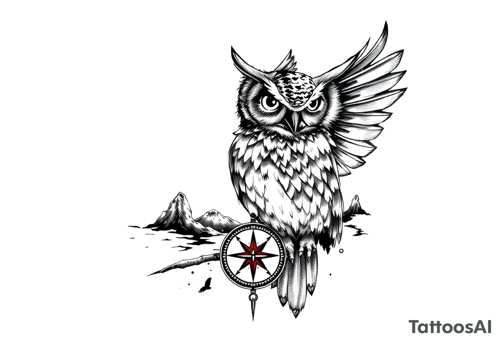 an owl,a compass,landscape. tattoo idea