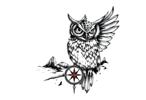 an owl,a compass,landscape. tattoo idea
