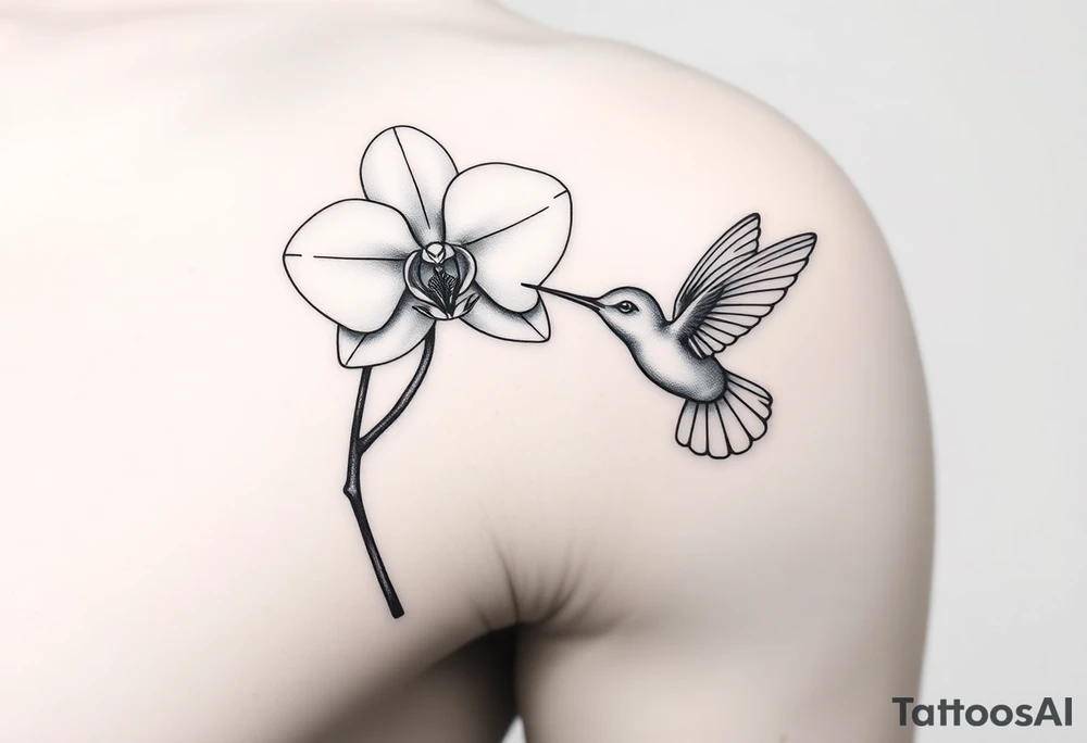 A delicate, black and white fine-line tattoo for make, featuring a gracefully detailed orchid in full bloom (stem and at least 2 flowers), with soft, intricate petals and elegant curves. Beside it, a hummingbird hovers mid-flight, its wings drawn with subtle motion lines, its slender beak reaching toward the orchid’s center to drink its nectar. The design captures a sense of balance and harmony, with the contrast between the stillness of the flower and the gentle energy of the bird. Perfectly suited for the upper arm, this piece combines nature’s beauty and movement in a timeless style tattoo idea
