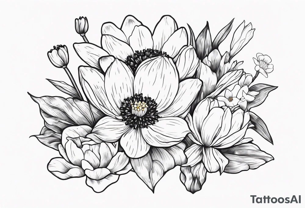 Poppy, water Lilly, Lilly of the valley, daffodil, cosmos bouquet tattoo idea
