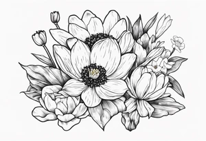 Poppy, water Lilly, Lilly of the valley, daffodil, cosmos bouquet tattoo idea