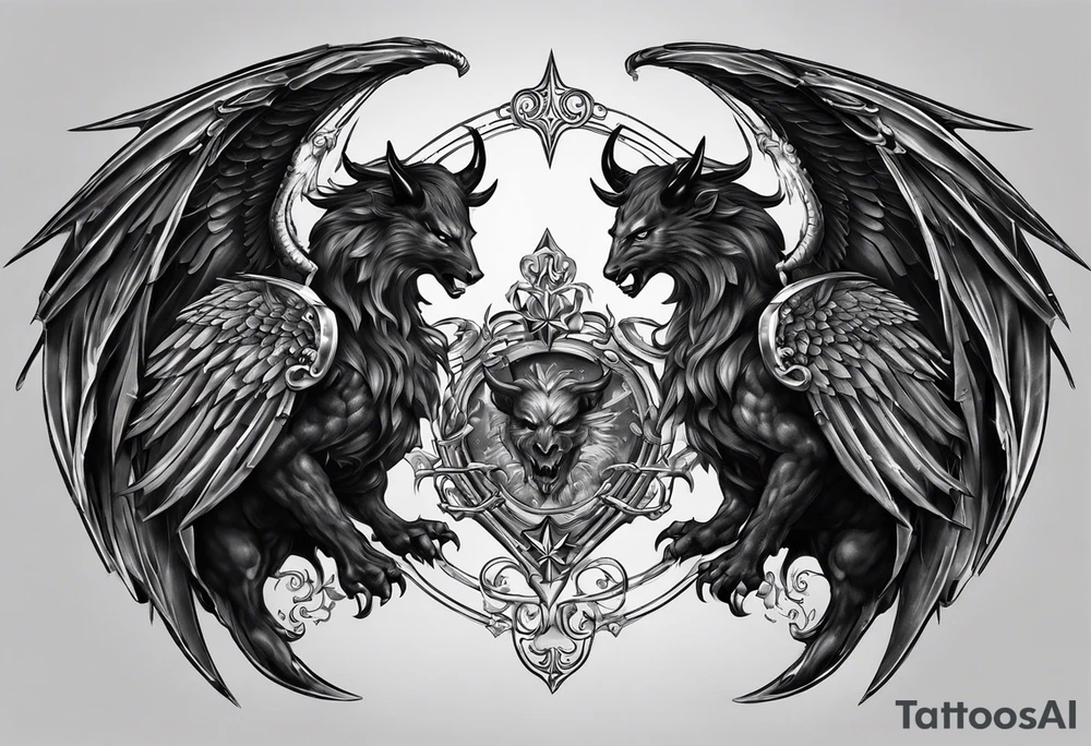 Good vs evil chest piece. On the left side it would be two devils, and on the right there would be two angels. Both sides are in battle, one of the angels has a gun aimed at the devil, while the other angel has a face mask. tattoo idea