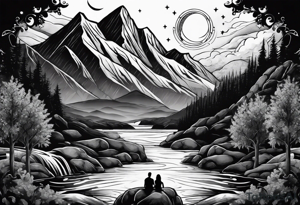 a family of three sitting in a nature with mountains, waterfall, water, and a cross in the background and a sun and moon in the sky with stars tattoo idea