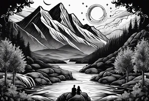 a family of three sitting in a nature with mountains, waterfall, water, and a cross in the background and a sun and moon in the sky with stars tattoo idea