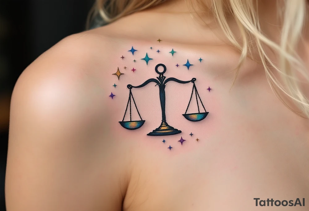 The Libra symbol in jet black floats among multicolored pastel stars marking the constellation. tattoo idea
