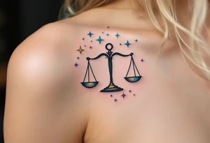 The Libra symbol in jet black floats among multicolored pastel stars marking the constellation. tattoo idea