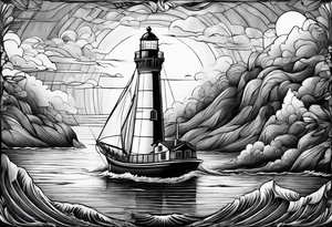 phare maritime dans un bateau a voiles vu du devant. tattoo idea