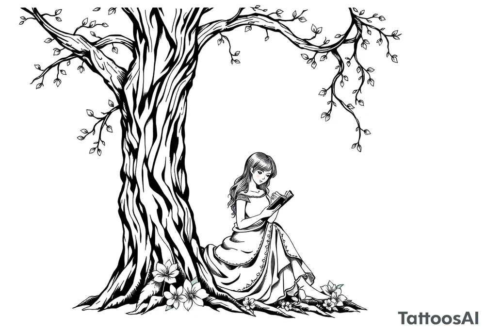 Magical woodland scene with a pretty girl reading a book leaning against a tree tattoo idea