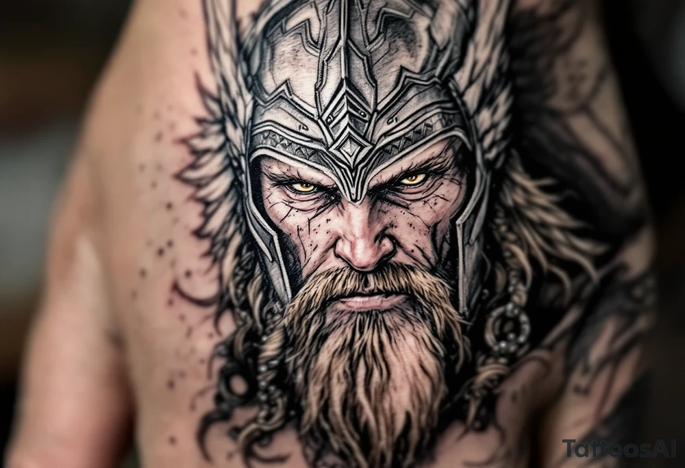 A portrait of Thor wearing a detailed winged helmet, his beard braided with small metallic rings, in hyper-realism with silver and dark brown tones. tattoo idea