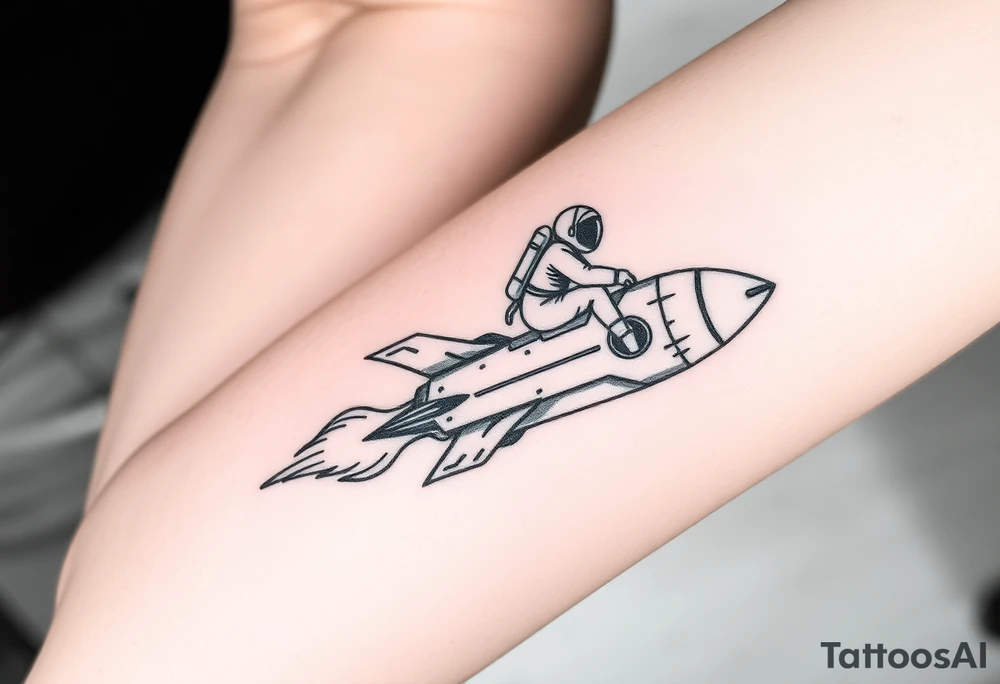 Busted Rocket ship with sparks coming out the back  with astronaut riding it tattoo idea