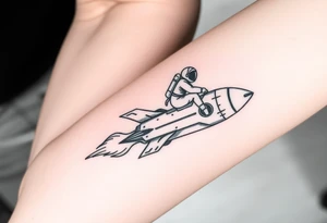 Busted Rocket ship with sparks coming out the back  with astronaut riding it tattoo idea