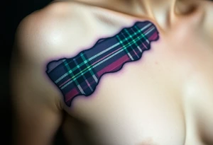 Lower chest

Dark Purple with green pink blue and white highlights tartan fabric with skin around edges peeling and wrapping around side of shoulder tattoo idea