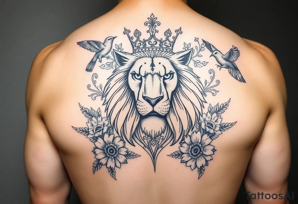powerful majestic lion with a crown, surrounded by floral ornaments and birds tattoo idea
